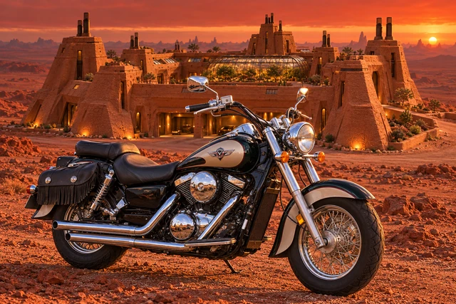 Santi’s 1999 Kawasaki Vulcan Classic 1500. Vulcan Cruiser Before the Red Horizon Sandcastle. Fictional automotive artwork.