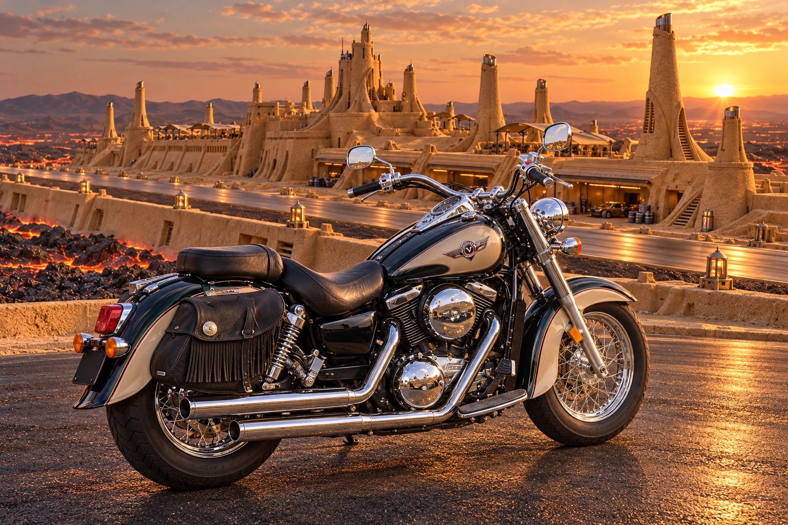 Santi’s 1999 Kawasaki Vulcan Classic 1500. Vulcan Before the Radiant Sand Keep. Fictional automotive artwork.