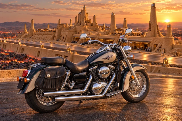 Santi’s 1999 Kawasaki Vulcan Classic 1500. Vulcan Before the Radiant Sand Keep. Fictional automotive artwork.