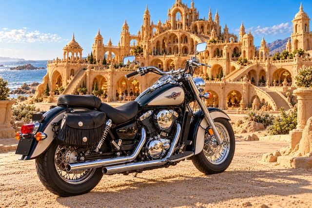 Santi’s 1999 Kawasaki Vulcan Classic 1500. Vulcan Cruiser Before Dunara’s Thousand-Arch Castle. Fictional automotive artwork.