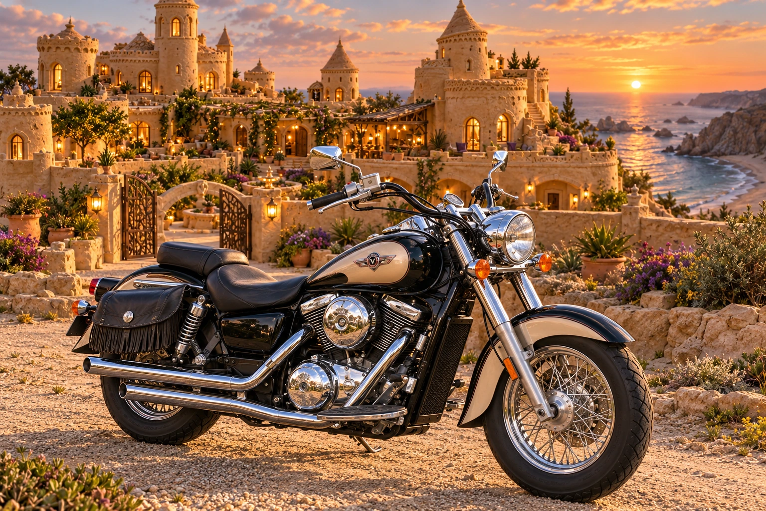 Santi’s 1999 Kawasaki Vulcan Classic 1500. Kawasaki Vulcan at the Golden Sandcastle. Fictional automotive artwork.