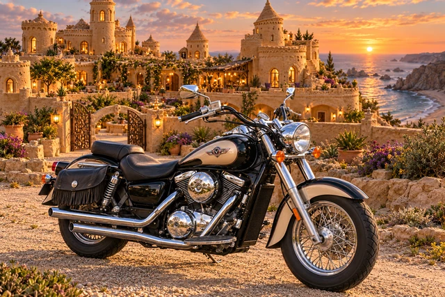 Santi’s 1999 Kawasaki Vulcan Classic 1500. Kawasaki Vulcan at the Golden Sandcastle. Fictional automotive artwork.