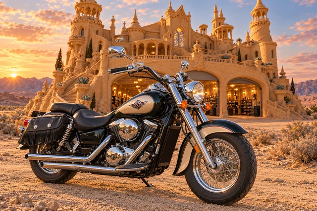 Santi’s 1999 Kawasaki Vulcan Classic 1500. Vulcan before the unending sandcastle. Fictional automotive artwork.