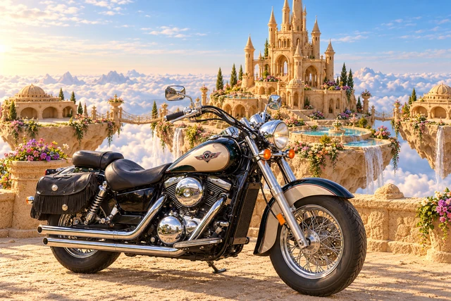 Santi’s 1999 Kawasaki Vulcan Classic 1500. Vulcan at the Floating Sandcastle. Fictional automotive artwork.