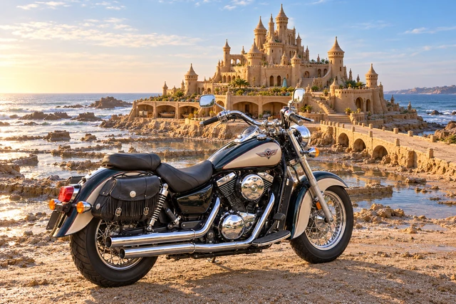 Santi’s 1999 Kawasaki Vulcan Classic 1500. Midnight Vulcan at Highwater Keep. Fictional automotive artwork.