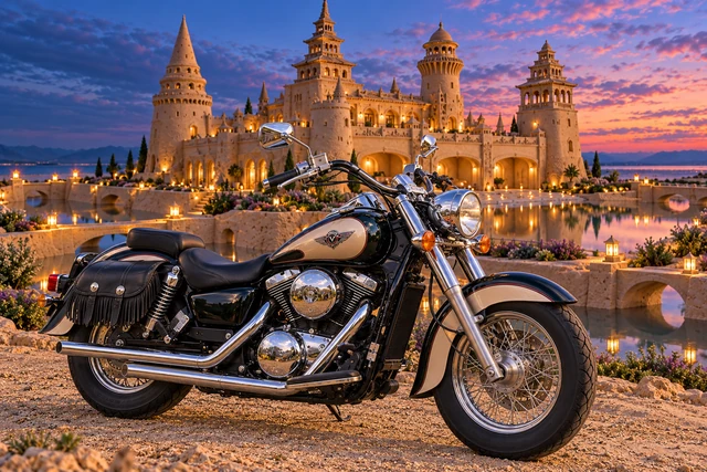 Santi’s 1999 Kawasaki Vulcan Classic 1500. Vulcan at Twin-Sky Keep. Fictional automotive artwork.