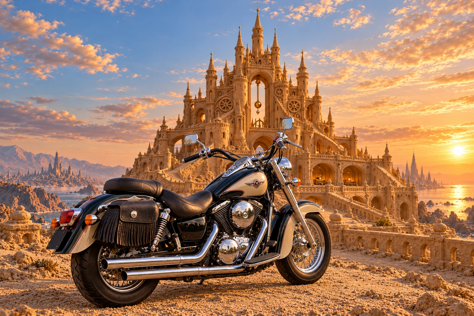 Santi’s 1999 Kawasaki Vulcan Classic 1500. Vulcan before the clockwork sandcastle. Fictional automotive artwork.