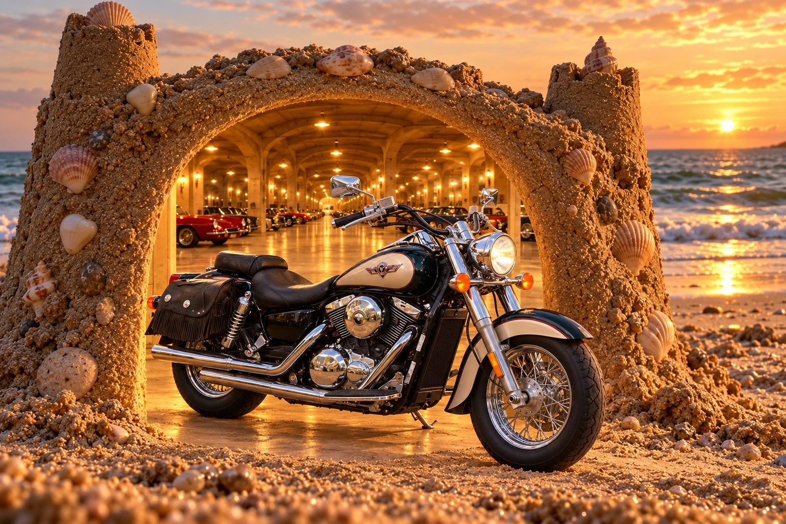 Santi’s 1999 Kawasaki Vulcan Classic 1500. Vulcan at the First Castle. Fictional automotive artwork.