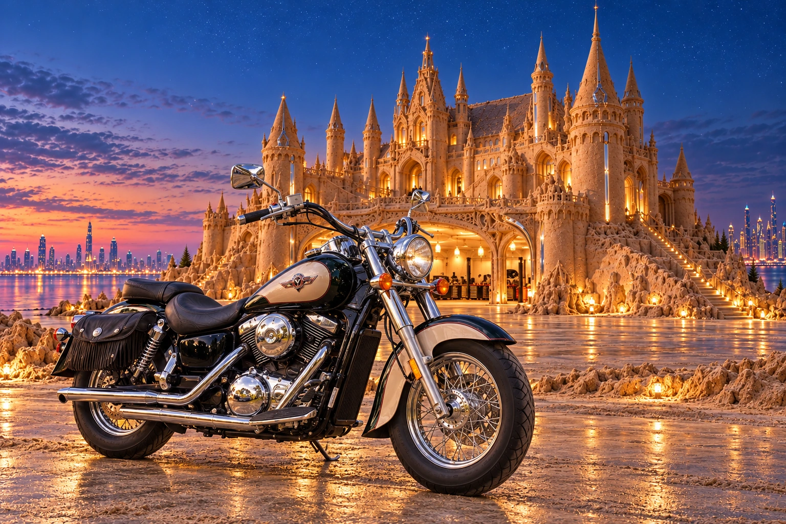 Santi’s 1999 Kawasaki Vulcan Classic 1500. Vulcan at Chromehaven’s Silver Sandcastle. Fictional automotive artwork.
