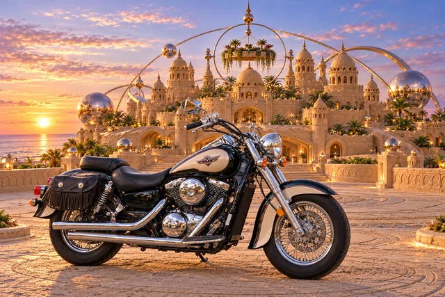 Santi’s 1999 Kawasaki Vulcan Classic 1500. Vulcan Cruiser at Orbitalis Sandcastle. Fictional automotive artwork.