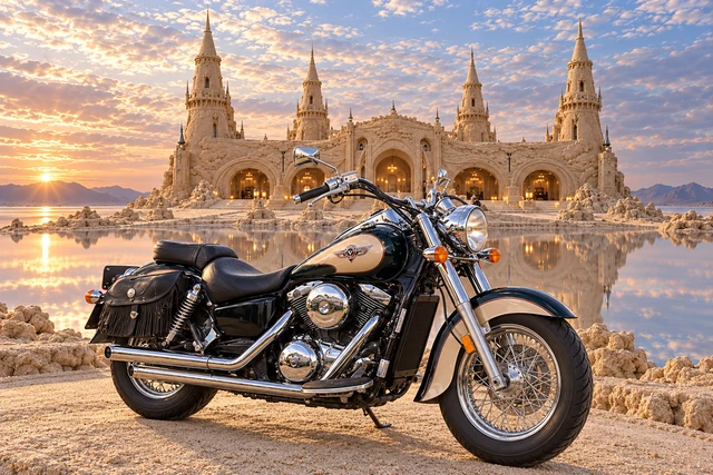 Santi’s 1999 Kawasaki Vulcan Classic 1500. Vulcan Cruiser Before the Sandcastle Palace. Fictional automotive artwork.