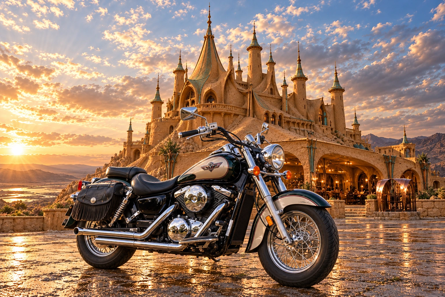 Santi’s 1999 Kawasaki Vulcan Classic 1500. Kawasaki Vulcan at Château Verdigris. Fictional automotive artwork.