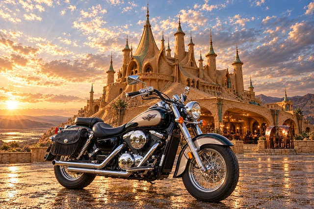 Santi’s 1999 Kawasaki Vulcan Classic 1500. Kawasaki Vulcan at Château Verdigris. Fictional automotive artwork.