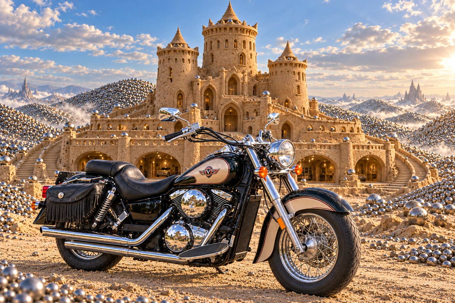 Santi’s 1999 Kawasaki Vulcan Classic 1500. Vulcan at the Stillpoint Citadel. Fictional automotive artwork.