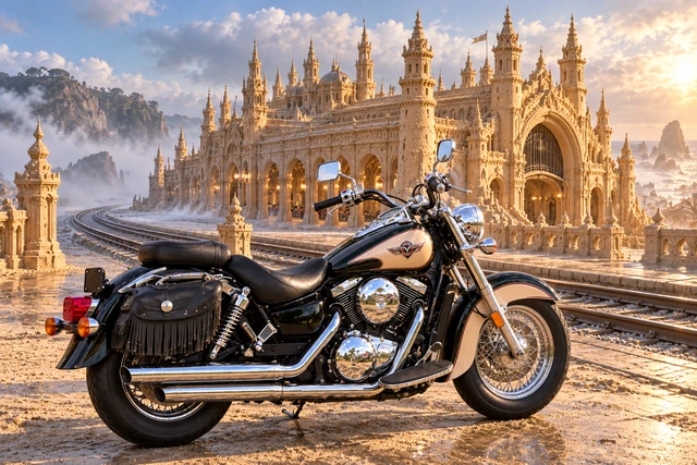 Santi’s 1999 Kawasaki Vulcan Classic 1500. Vulcan Before the Argent Sand Palace. Fictional automotive artwork.