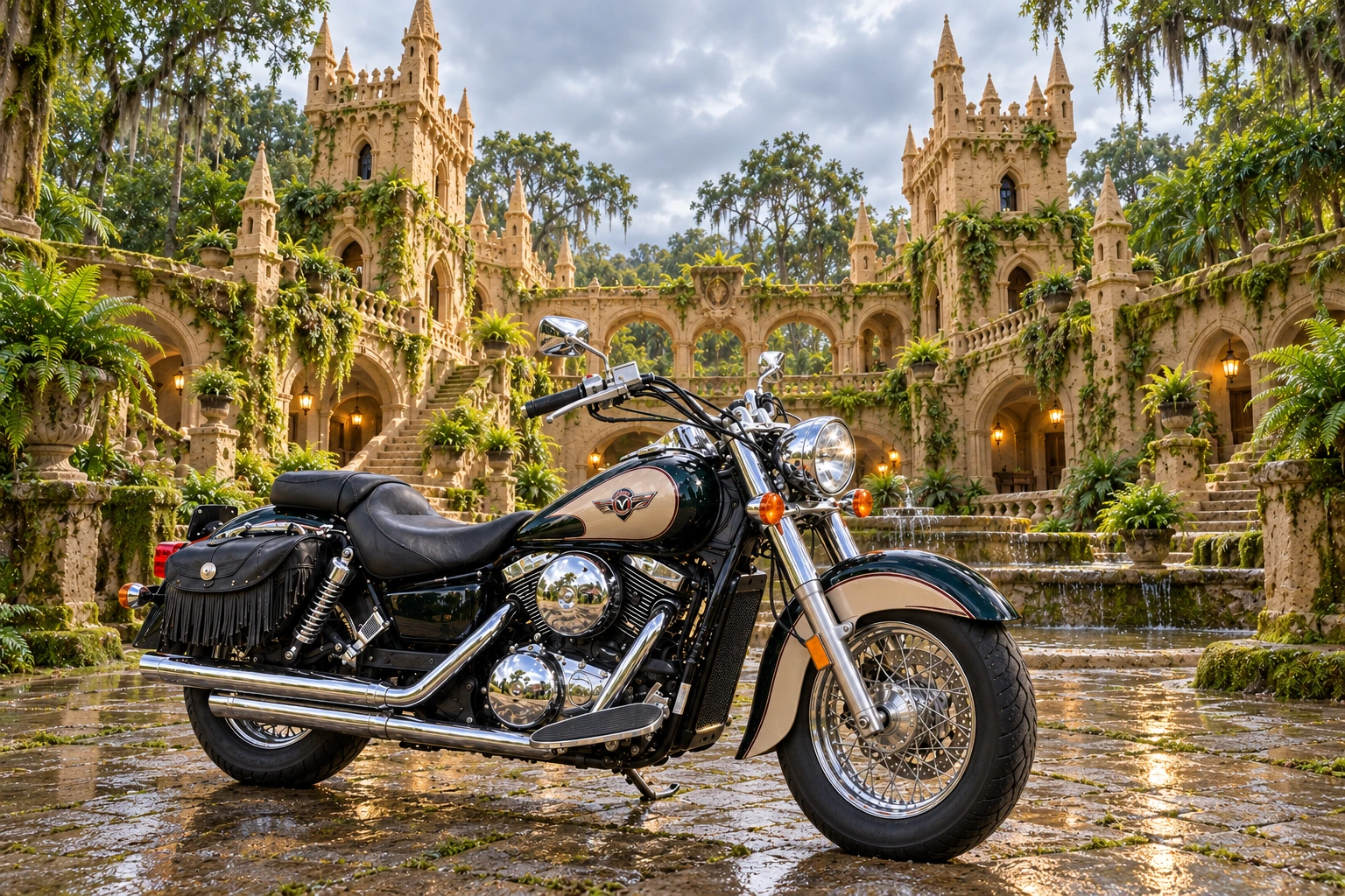 Santi’s 1999 Kawasaki Vulcan Classic 1500. Vulcan at Mosslight's Sandcastle. Fictional automotive artwork.