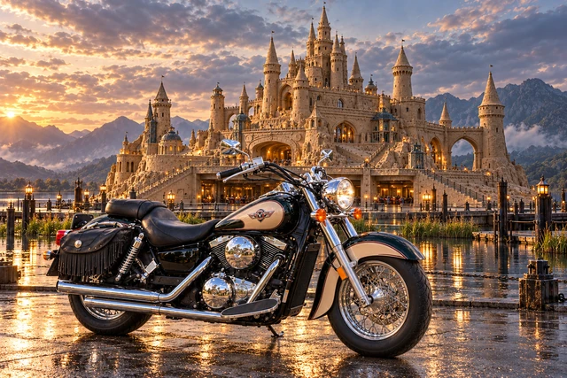Santi’s 1999 Kawasaki Vulcan Classic 1500. Vulcan Before Reedhaven’s Sand Towers. Fictional automotive artwork.