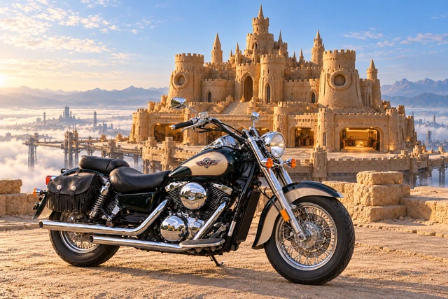 Santi’s 1999 Kawasaki Vulcan Classic 1500. Kawasaki Vulcan, clean single-headlight setup. Fictional automotive artwork.
