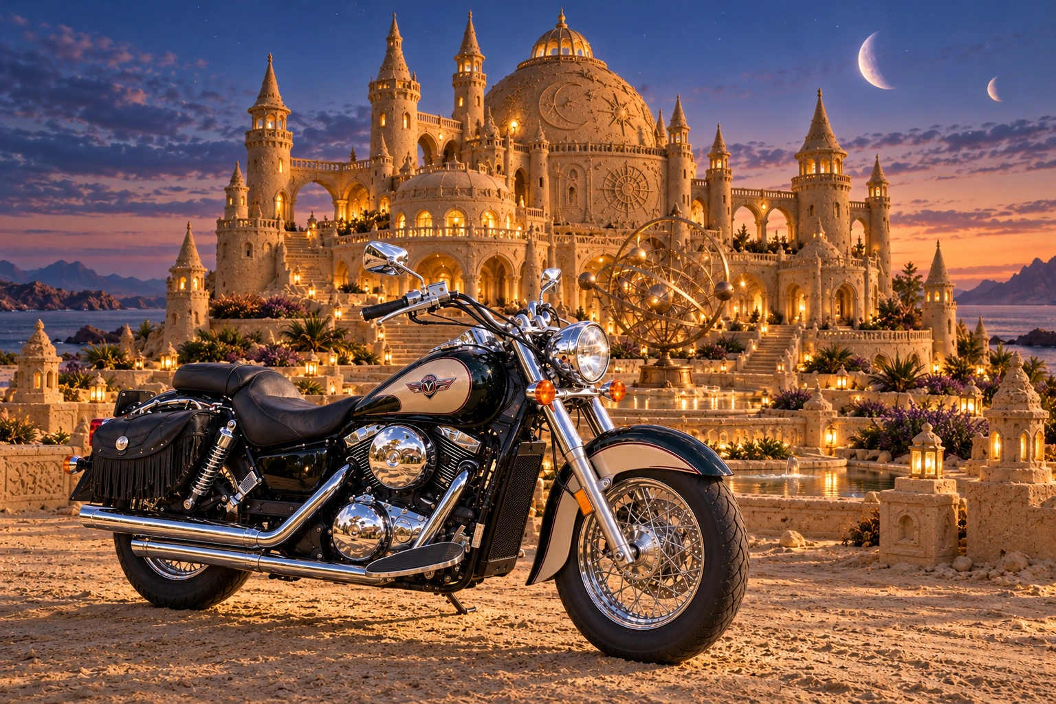Santi’s 1999 Kawasaki Vulcan Classic 1500. Vulcan Before the Astral Sandcastle. Fictional automotive artwork.