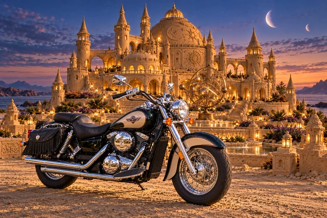 Santi’s 1999 Kawasaki Vulcan Classic 1500. Vulcan Before the Astral Sandcastle. Fictional automotive artwork.