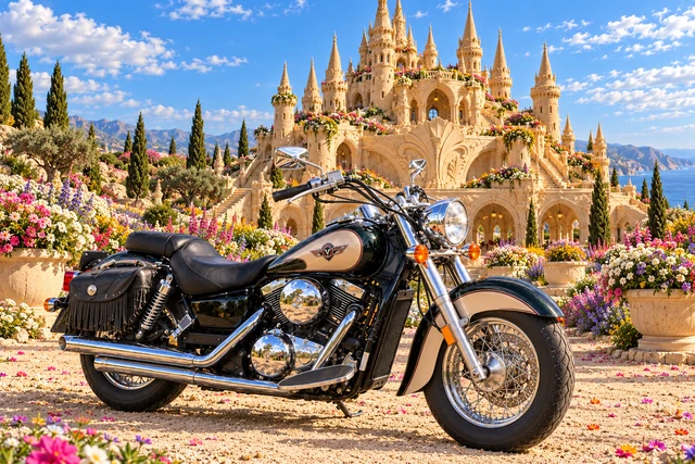 Santi’s 1999 Kawasaki Vulcan Classic 1500. Kawasaki Vulcan at Château Millefleur. Fictional automotive artwork.
