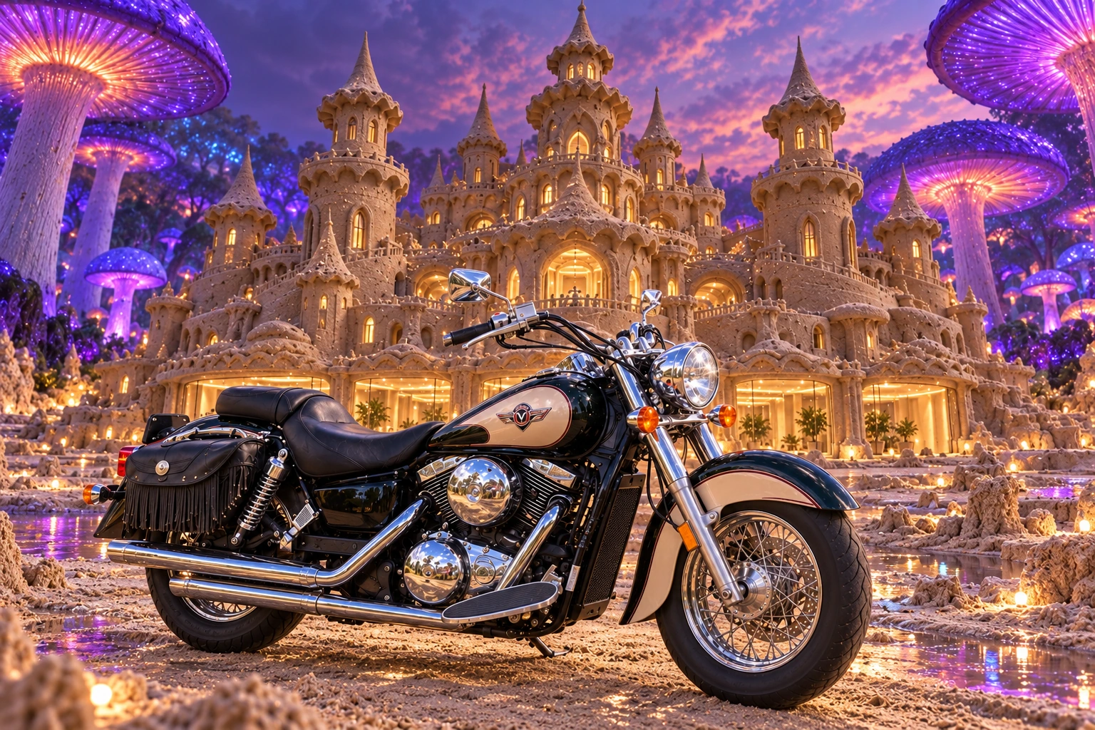 Santi’s 1999 Kawasaki Vulcan Classic 1500. Vulcan cruiser before Château Mycelune. Fictional automotive artwork.
