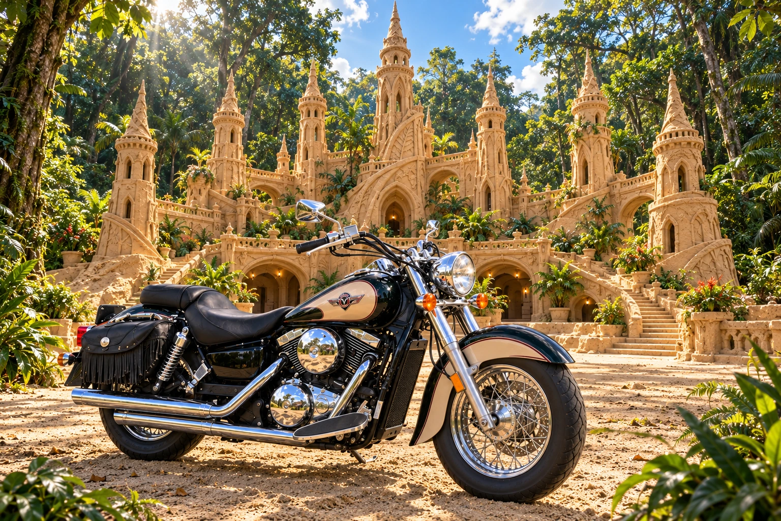 Santi’s 1999 Kawasaki Vulcan Classic 1500. Vulcan at the Ninefold Sand Pavilion. Fictional automotive artwork.