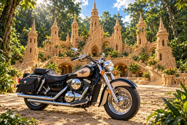 Santi’s 1999 Kawasaki Vulcan Classic 1500. Vulcan at the Ninefold Sand Pavilion. Fictional automotive artwork.