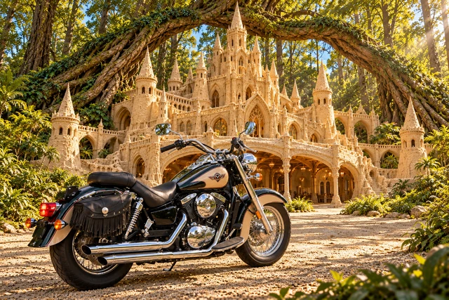 Santi’s 1999 Kawasaki Vulcan Classic 1500. Vulcan at the Rootbound Sandcastle. Fictional automotive artwork.