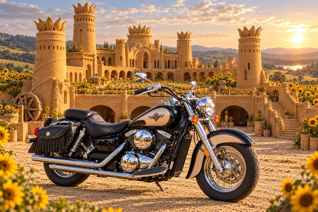 Santi’s 1999 Kawasaki Vulcan Classic 1500. Vulcan before Château Hélianthe. Fictional automotive artwork.