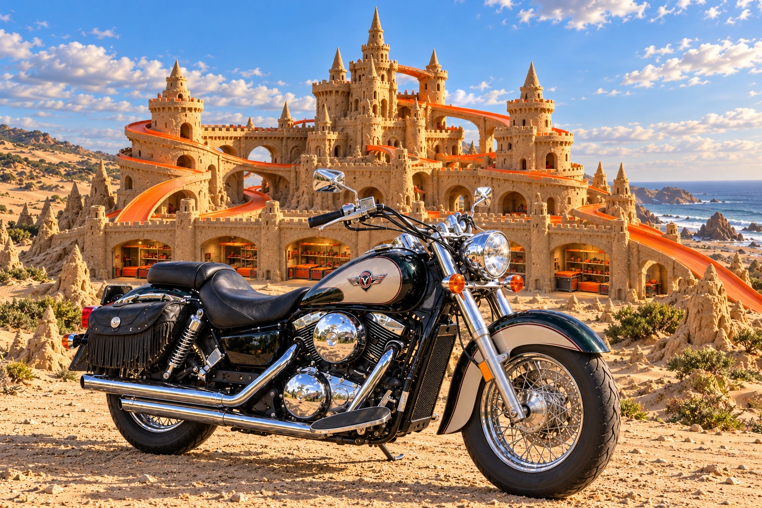 Santi’s 1999 Kawasaki Vulcan Classic 1500. Kawasaki Vulcan Before Saffron Switchback Keep. Fictional automotive artwork.