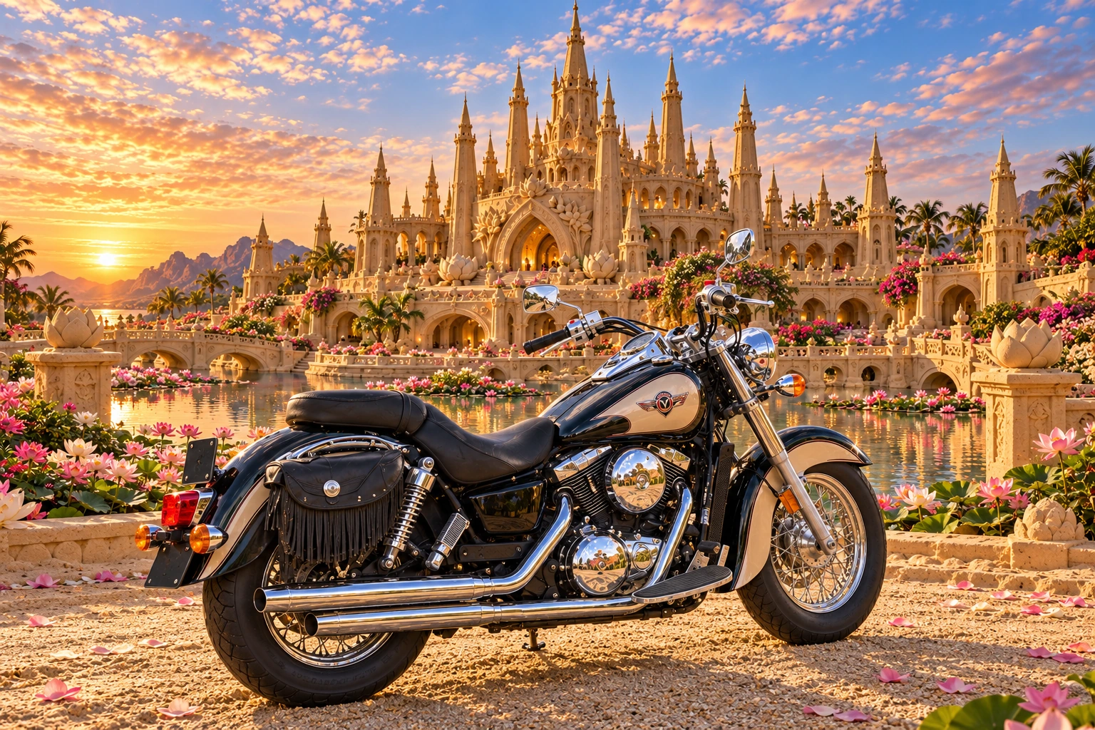 Santi’s 1999 Kawasaki Vulcan Classic 1500. Vulcan Motorcycle at Lotus Reach. Fictional automotive artwork.