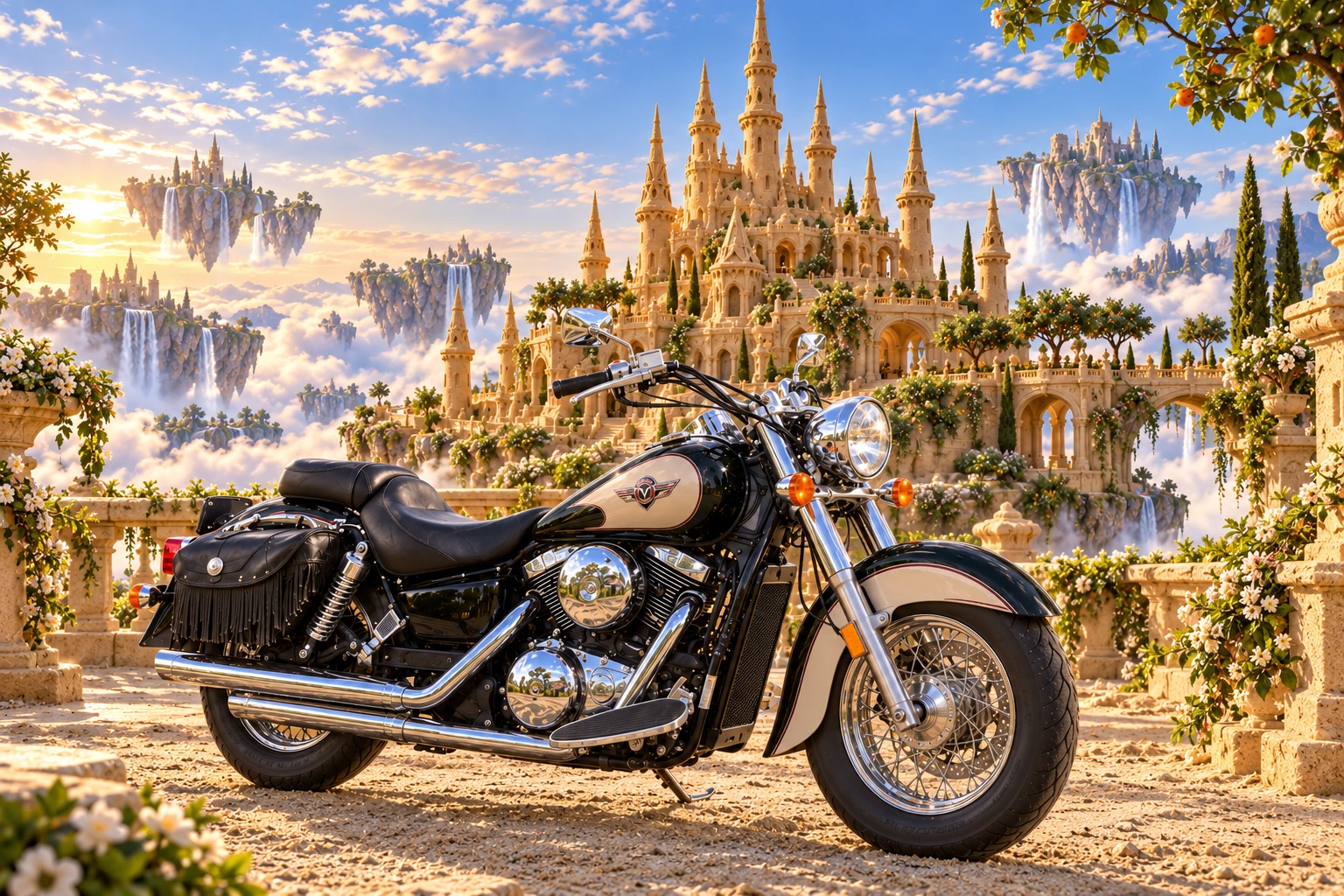 Santi’s 1999 Kawasaki Vulcan Classic 1500. Vulcan at the Hanging Sandcastle. Fictional automotive artwork.