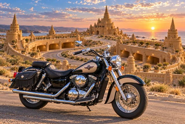 Santi’s 1999 Kawasaki Vulcan Classic 1500. Vulcan at the Courbe Royale Sandcastle. Fictional automotive artwork.