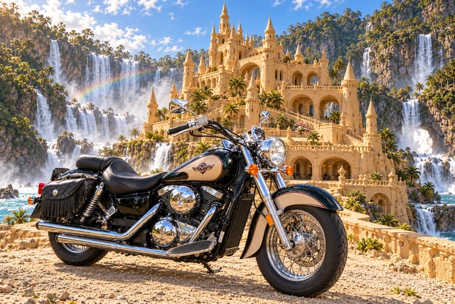 Santi’s 1999 Kawasaki Vulcan Classic 1500. Vulcan at Château Brumeclaire. Fictional automotive artwork.