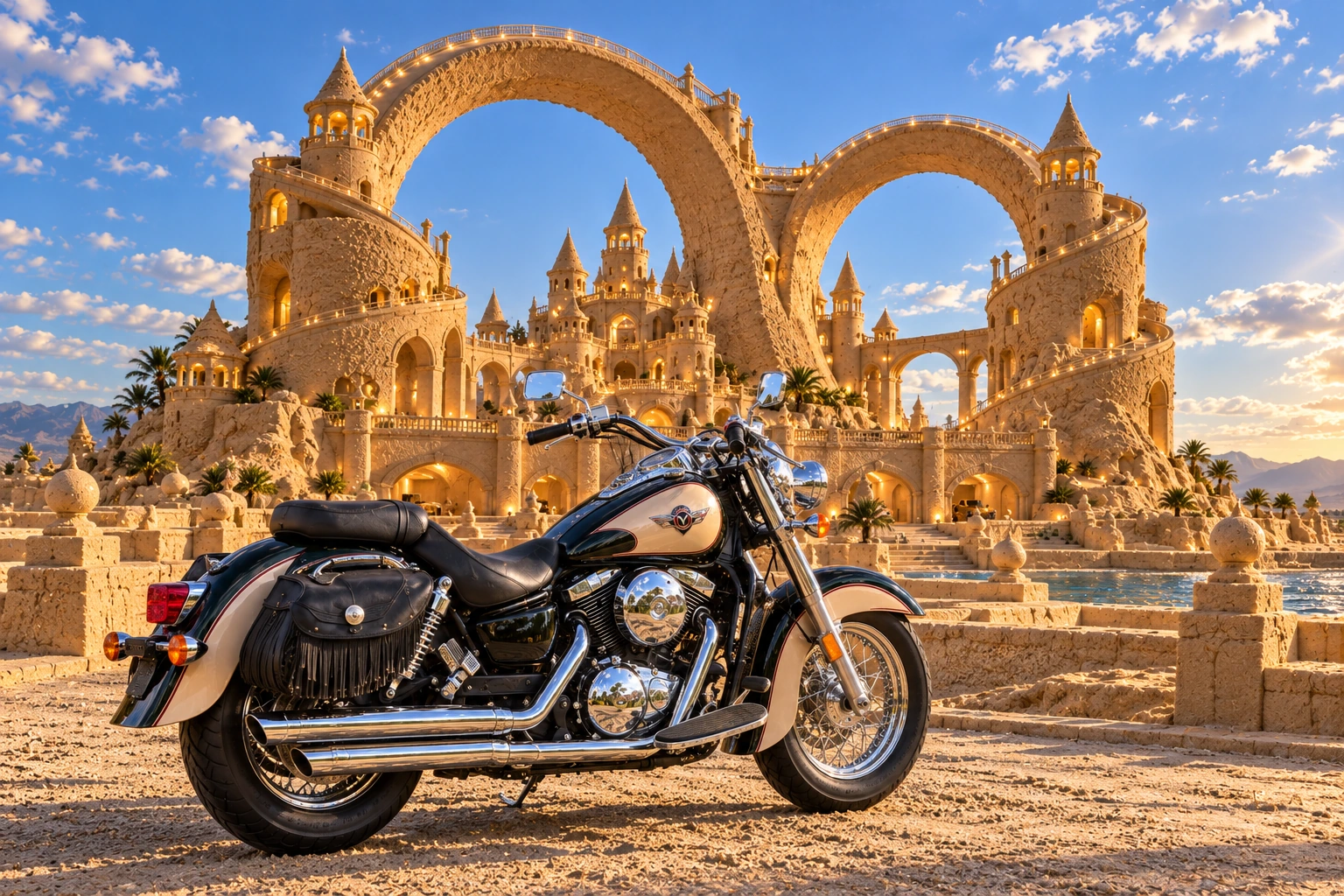 Santi’s 1999 Kawasaki Vulcan Classic 1500. Vulcan motorcycle at Looplight’s sandcastle. Fictional automotive artwork.