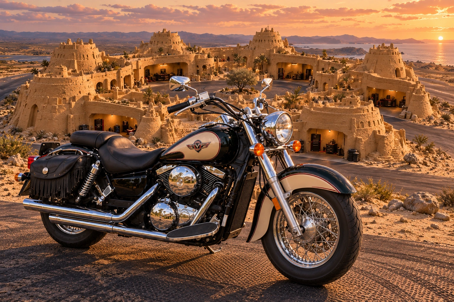 Santi’s 1999 Kawasaki Vulcan Classic 1500. Vulcan before the Nine Courtyards Bastion. Fictional automotive artwork.