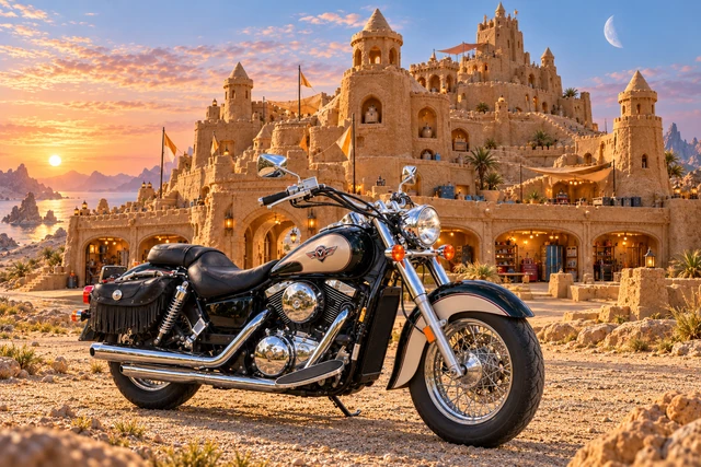 Santi’s 1999 Kawasaki Vulcan Classic 1500. Vulcan Motorcycle at the Sand Keep. Fictional automotive artwork.