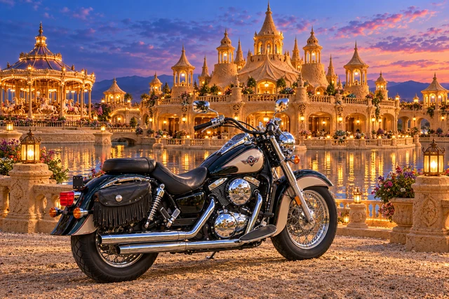 Santi’s 1999 Kawasaki Vulcan Classic 1500. Vulcan Before the Lanternwheel Chateau. Fictional automotive artwork.