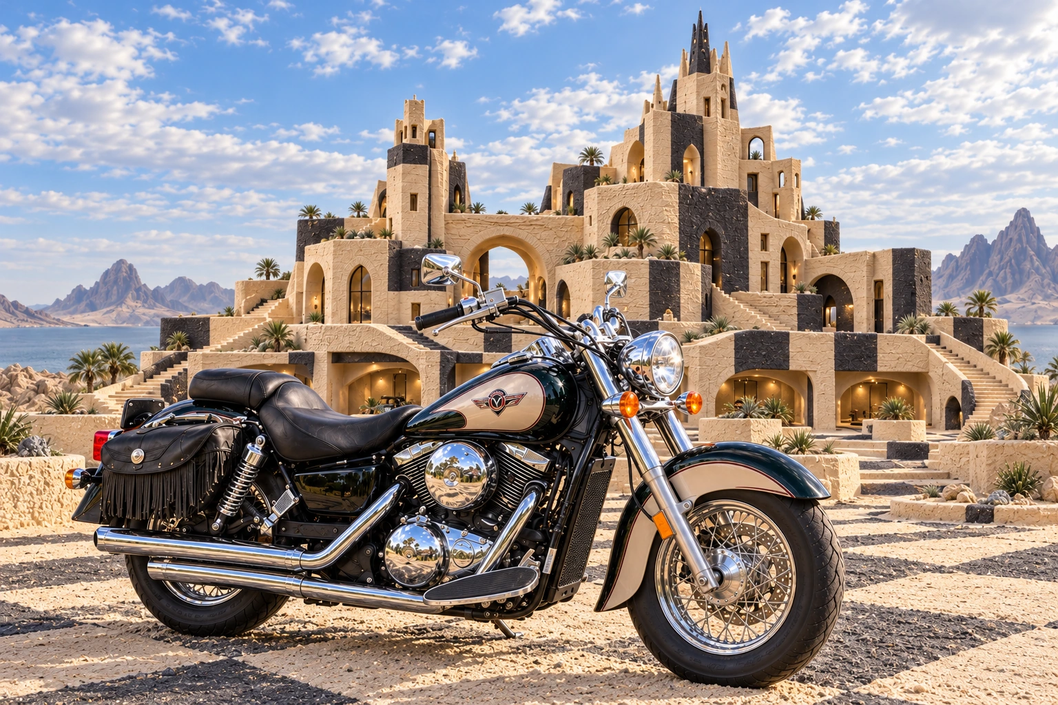 Santi’s 1999 Kawasaki Vulcan Classic 1500. Vulcan cruiser at Parallax Sandcastle. Fictional automotive artwork.