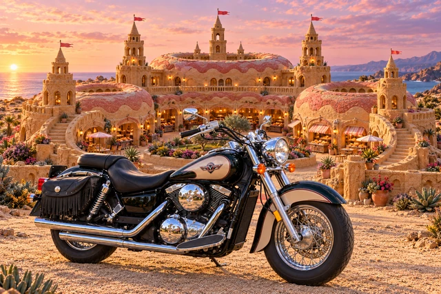 Santi’s 1999 Kawasaki Vulcan Classic 1500. Kawasaki Vulcan at Donutopia’s Sandcastle. Fictional automotive artwork.