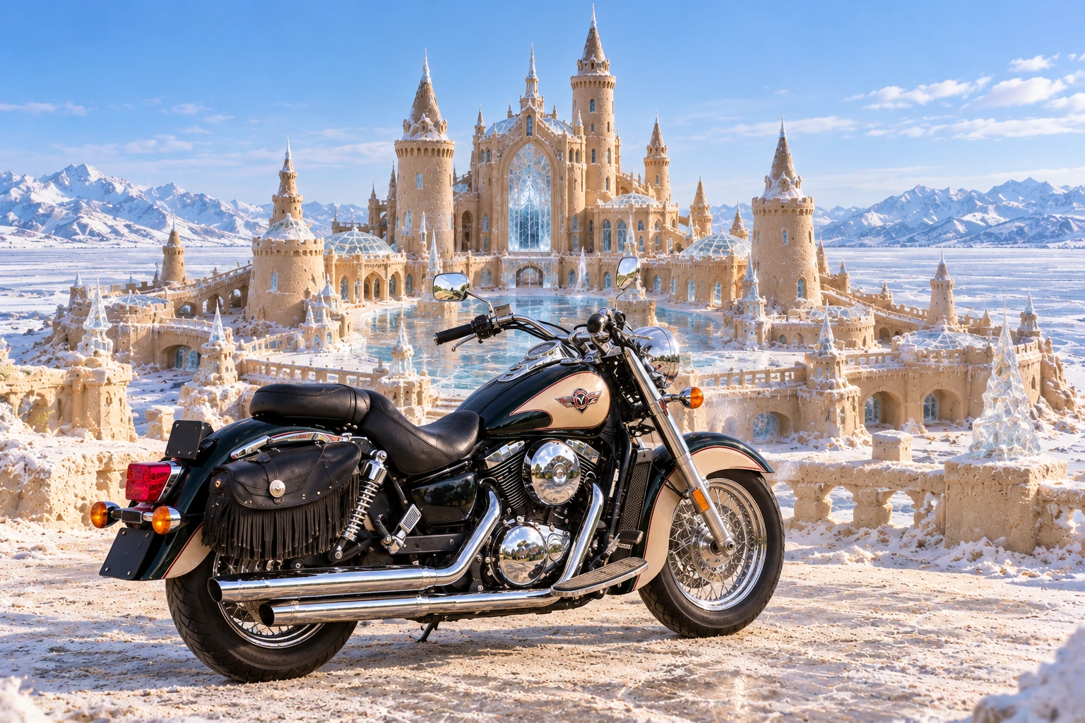Santi’s 1999 Kawasaki Vulcan Classic 1500. Vulcan at the Frostmere Sand Palace. Fictional automotive artwork.