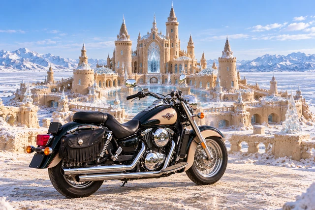 Santi’s 1999 Kawasaki Vulcan Classic 1500. Vulcan at the Frostmere Sand Palace. Fictional automotive artwork.