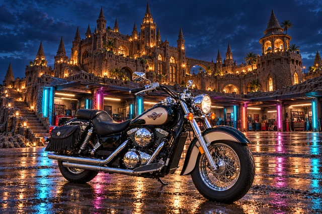 Santi’s 1999 Kawasaki Vulcan Classic 1500. Vulcan Motorcycle at Neon Sandcastle. Fictional automotive artwork.