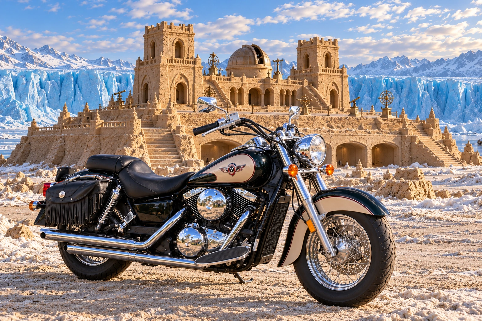 Santi’s 1999 Kawasaki Vulcan Classic 1500. Santi's Vulcan at the Glacier Citadel. Fictional automotive artwork.