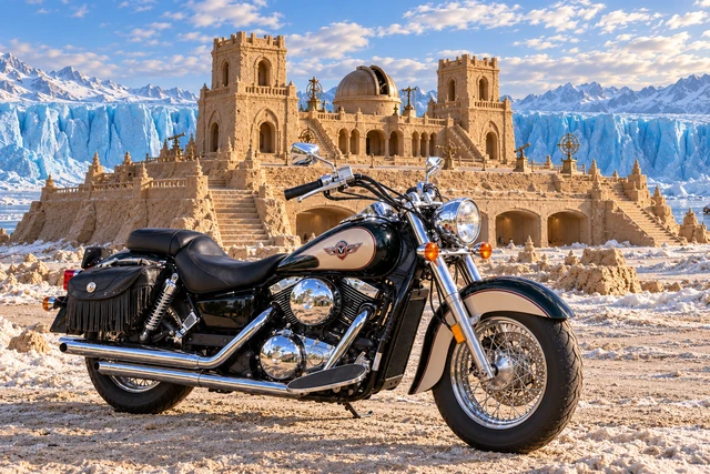 Santi’s 1999 Kawasaki Vulcan Classic 1500. Santi's Vulcan at the Glacier Citadel. Fictional automotive artwork.