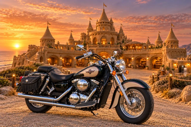 Santi’s 1999 Kawasaki Vulcan Classic 1500. Kawasaki cruiser at the sandcastle keep. Fictional automotive artwork.