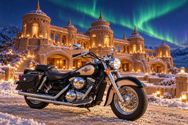 Santi’s 1999 Kawasaki Vulcan Classic 1500. Santi's Vulcan at Aurora Reach. Fictional automotive artwork.