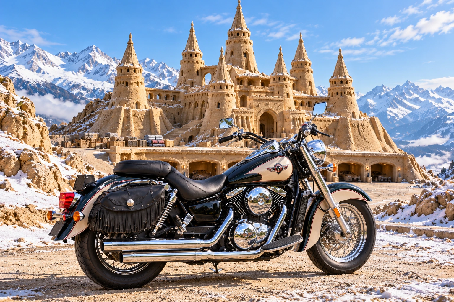 Santi’s 1999 Kawasaki Vulcan Classic 1500. Vulcan at Crownpass Granary. Fictional automotive artwork.