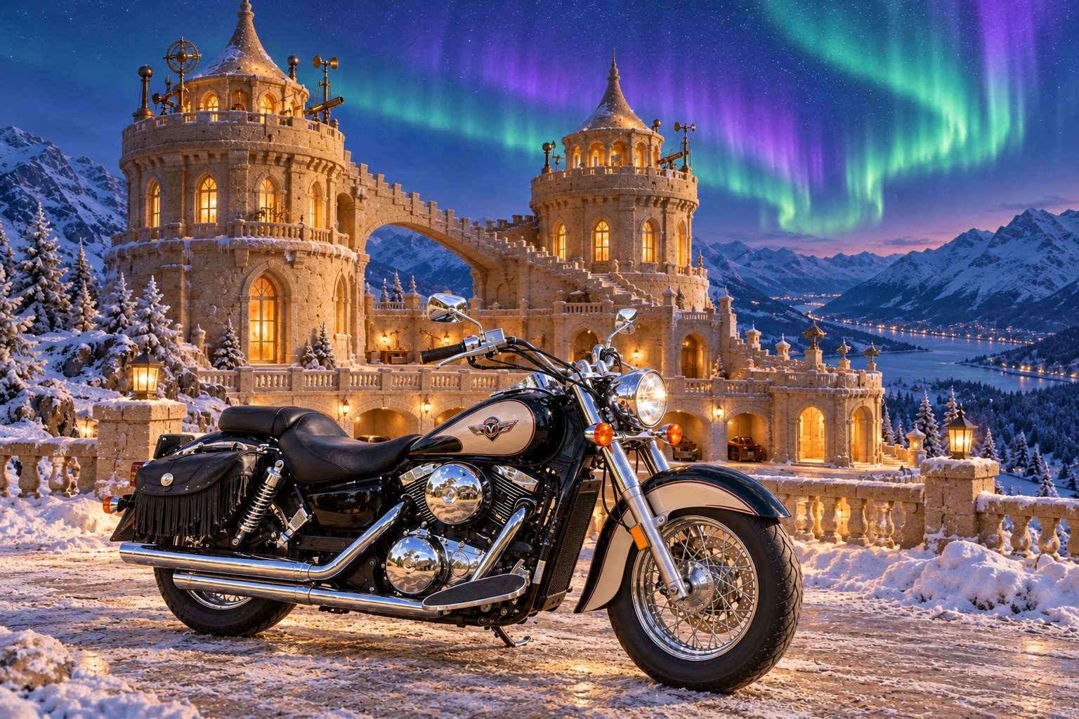 Santi’s 1999 Kawasaki Vulcan Classic 1500. Santi's Vulcan at Twin Aurora Towers. Fictional automotive artwork.